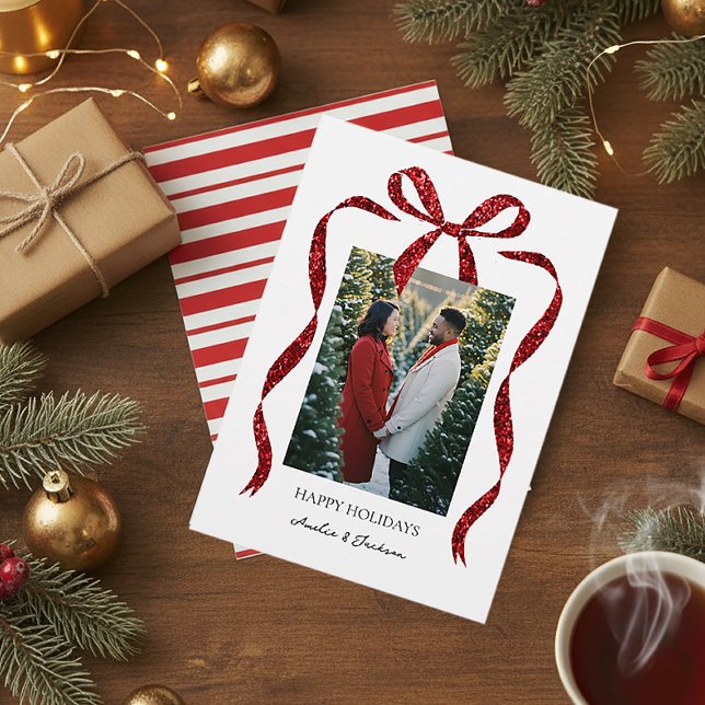 Glitter Bow with Photo Minimalist Christmas Card (Minimalist red glitter bow Christmas card with photo—simple, festive, and personalized.)