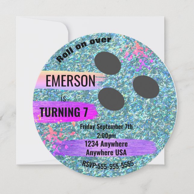 Glitter BOWLING BALL, bowling, Glow birthday party Invitation (Front)