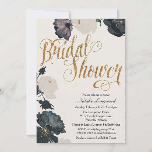 Glitter Bridal Shower Invitation, Elegant Floral