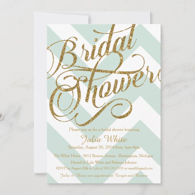 Glitter Bridal Shower Invitation, Mint Chevron Invitation (Front)