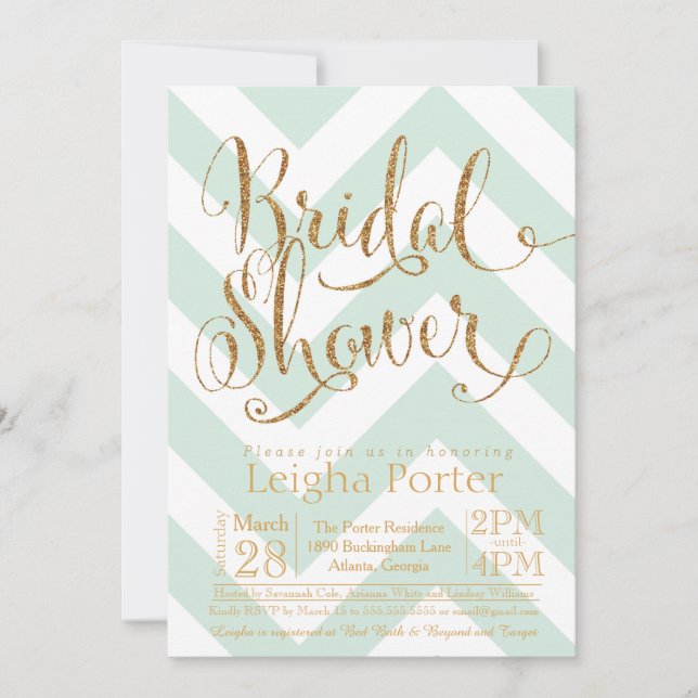 Glitter Bridal Shower Invitation Mint Gold Chevron (Front)