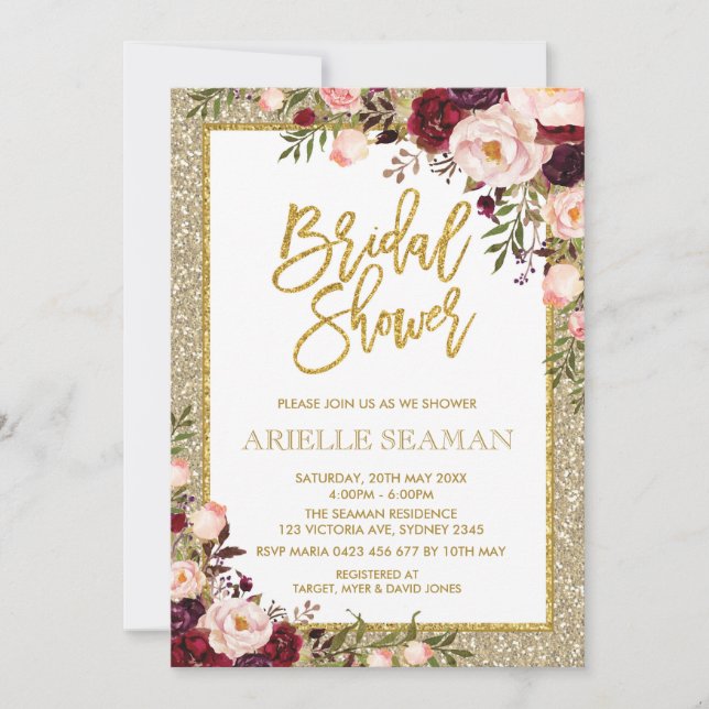 Glitter Bridal Shower Invite Burgundy Pink Floral (Front)