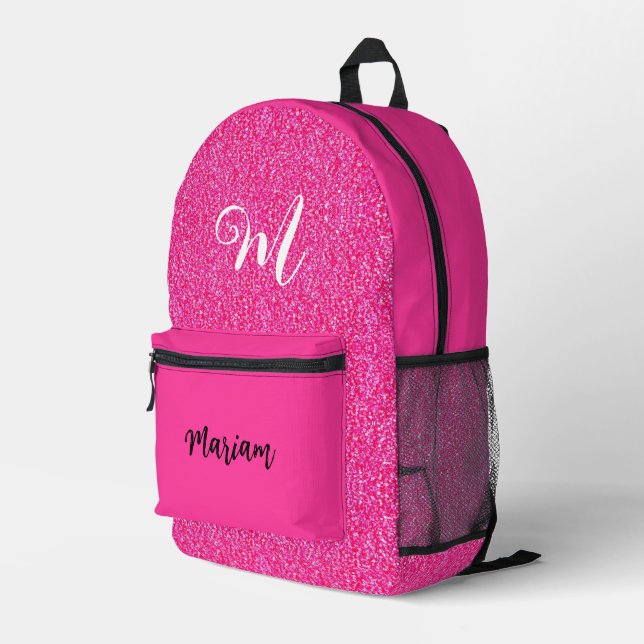 Glitter & Bright Hot Pink Color - Monogram Printed Backpack (Back Corner Right)