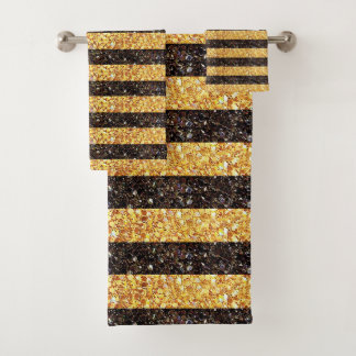 Glitter Brown Gold Stripe Pattern Sparkle Bath Towel Set