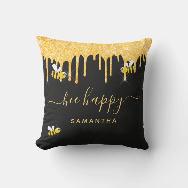 Glitter bumble bees be happy black gold monogram outdoor pillow (Front)