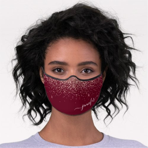 Glitter Burgundy Monogrammed Script Premium Face Mask