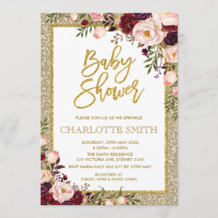 Glitter Burgundy Pink Floral Baby Shower Invite