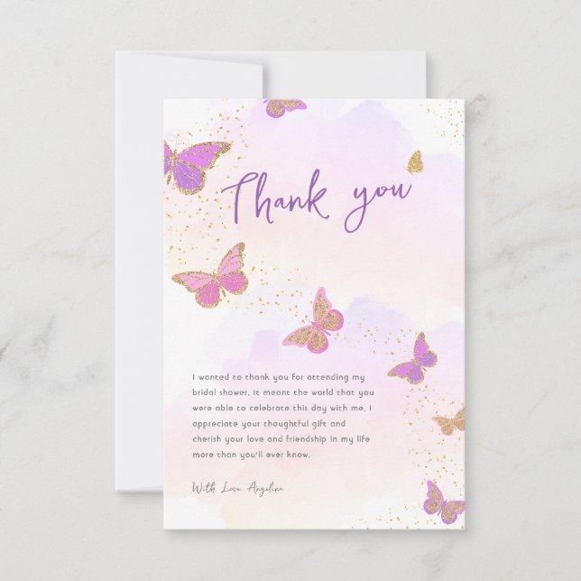 Glitter Butterflies Bridal Shower Thank You Card (Front)