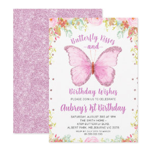Glitter Butterfly Kisses Birthday Wishes Birthday Invitation