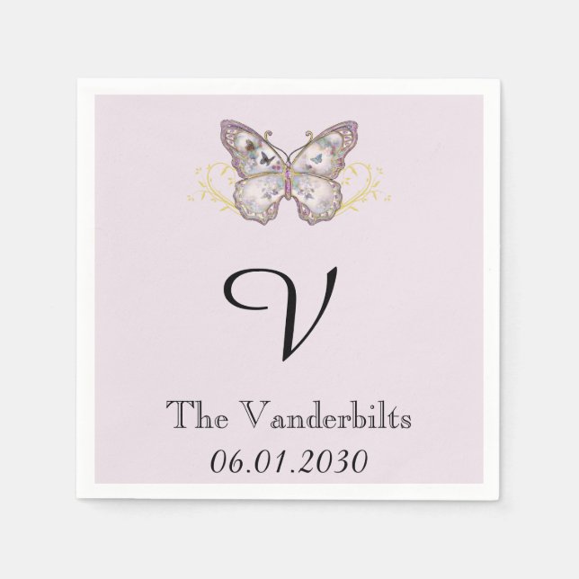 Glitter Butterfly Lavender Monogram Wedding Napkin (Front)