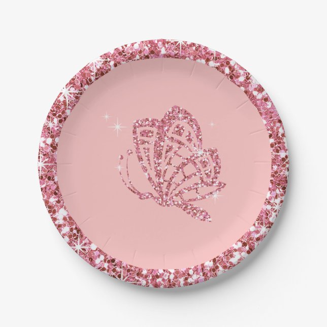 GLITTER Butterfly | mauve baby pink Paper Plates (Front)