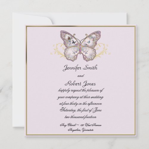 Glitter Butterfly on Lavender Wedding Invitation