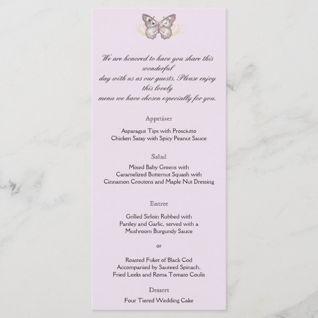 Glitter Butterfly on Lavender Wedding Menu (Front)