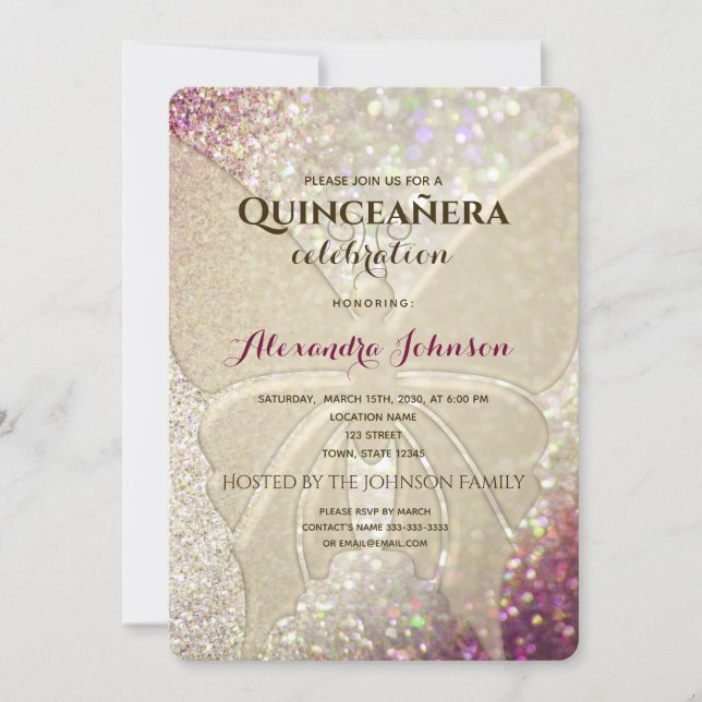 Glitter Butterfly Quinceañera  Invitation (Front)