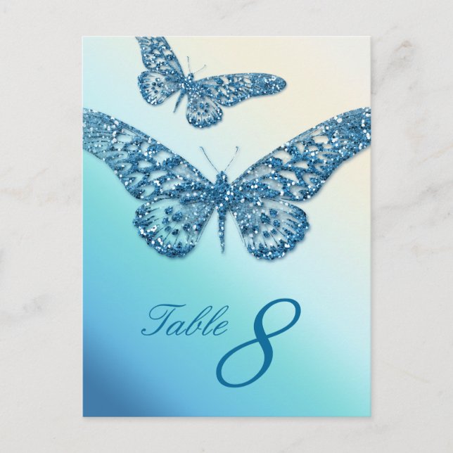 Glitter Butterfly Table Number Postcard Blue (Front)