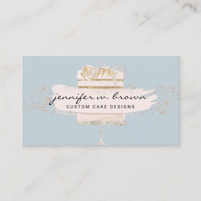 Glitter Cake Floral Blush Blue Business Card