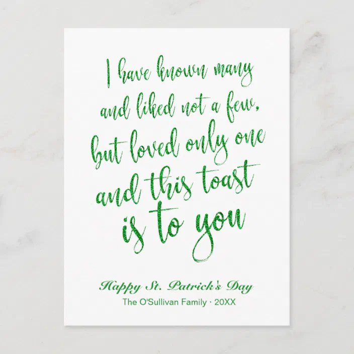 St Patrick S Day Toast Glitter Calligraphy Irish Toast St. Patrick's Day Postcard | Zazzle.com