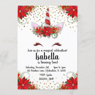 Glitter Candy Cane Unicorn Holiday Birthday Invitation