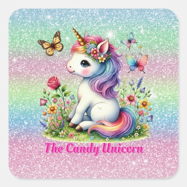 Glitter candy unicorn meadow wildflowers  square sticker (Front)
