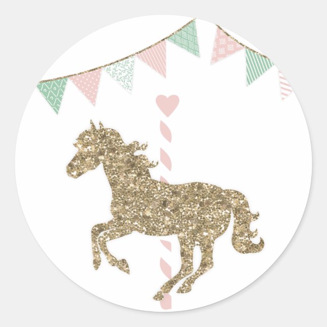 Glitter Carousel Horse Classic Round Sticker (Front)
