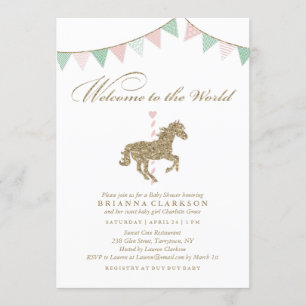Glitter Carousel Horse Welcome To The World Baby Invitation