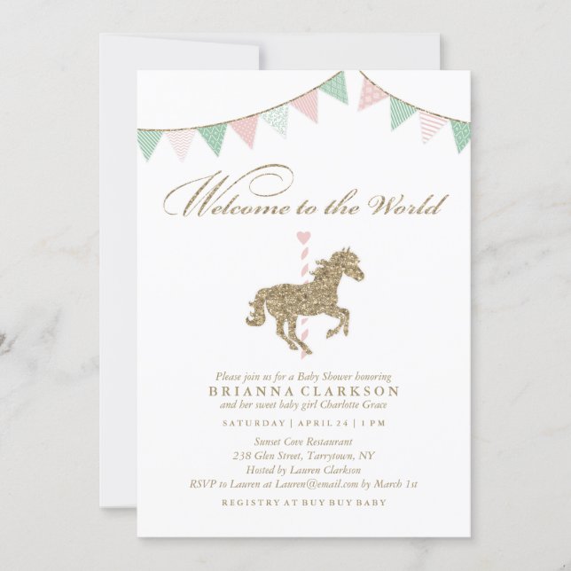 Glitter Carousel Horse | Welcome To The World Baby Invitation (Front)