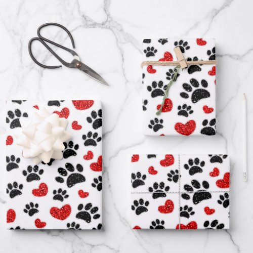 Glitter Cartoon Dog Paw Prints And Red Hearts Wrapping Paper Sheets