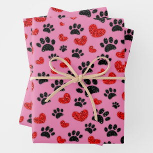 Glitter Cartoon Dog Paw Prints And Red Hearts Wrapping Paper Sheets