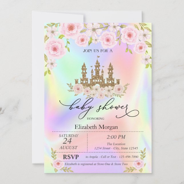 Glitter Castle Roses Holographic  Baby Shower   Invitation (Front)