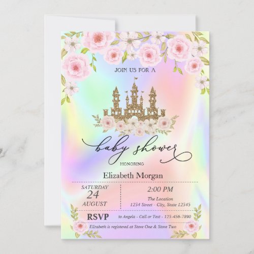 Glitter Castle Roses Holographic  Baby Shower   Invitation