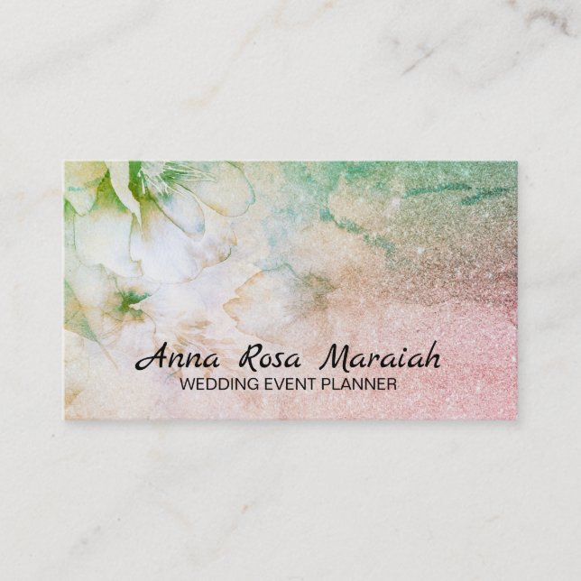 *~* Glitter Celestial Floral  Turquoise Watercolor Business Card (Front)