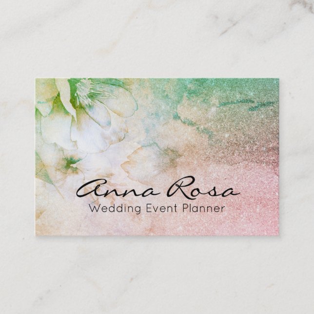 *~* Glitter Celestial Watercolor Floral Turquoise Business Card (Front)