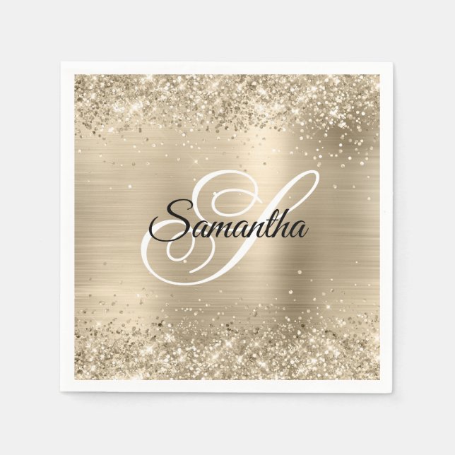 Glitter Champagne Foil Fancy Monogram Napkins (Front)