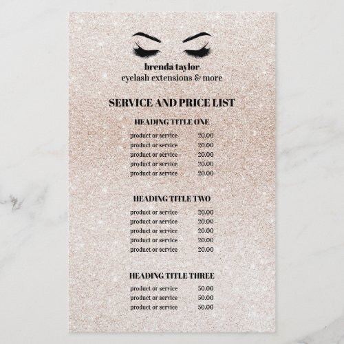 Glitter champagne pink EYELASH SALON SERVICE LIST Flyer