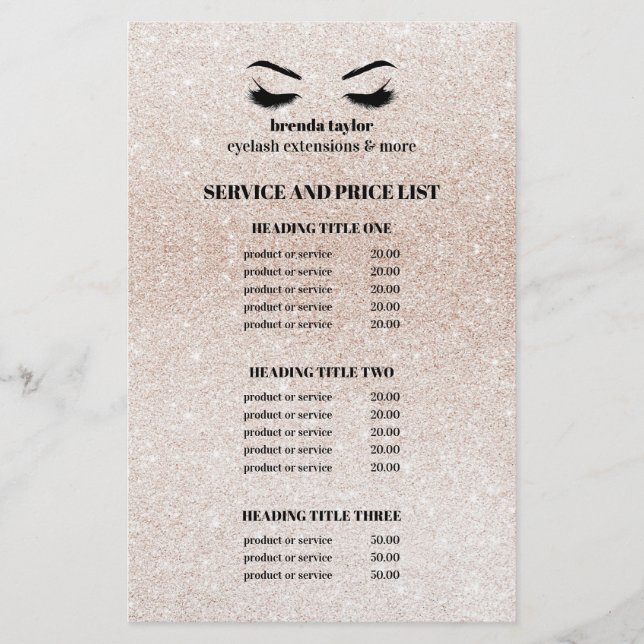 Glitter champagne pink EYELASH SALON SERVICE LIST Flyer (Front)