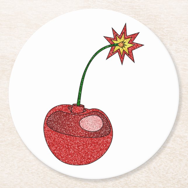 Glitter Cherry Bomb Round Paper Coaster (Front)