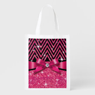 Glitter Chevron Bling Diamond Bow | fuchsia Grocery Bag