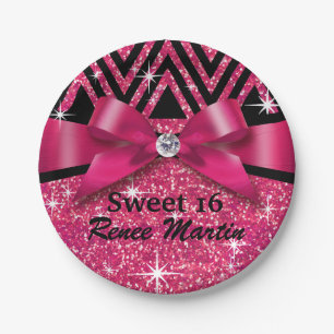 Glitter Chevron Bling Diamond Bow   fuchsia Paper Plates