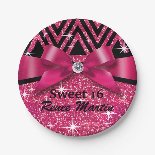 Glitter Chevron Bling Diamond Bow | fuchsia Paper Plates (Front)