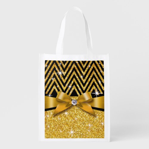 Glitter Chevron Bling Diamond Bow  gold Grocery Bag