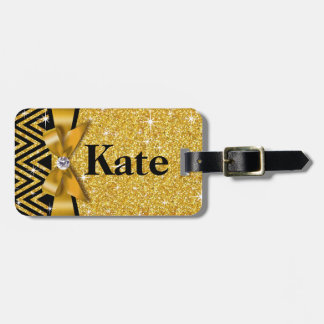 Glitter Chevron Bling Diamond Bow | gold Luggage Tag