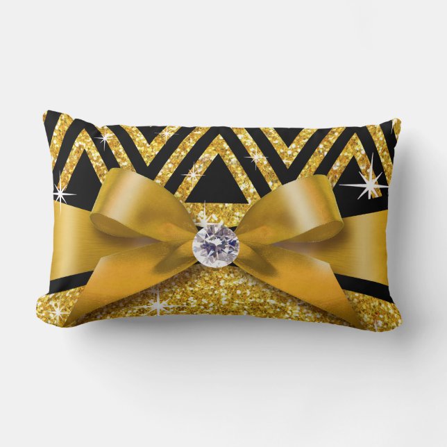 Glitter Chevron Bling Diamond Bow | gold Lumbar Pillow (Front)