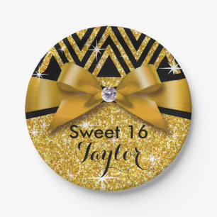 Glitter Chevron Bling Diamond Bow   gold Paper Plates