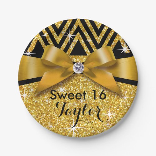 Glitter Chevron Bling Diamond Bow  gold Paper Plates