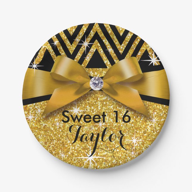 Glitter Chevron Bling Diamond Bow | gold Paper Plates (Front)