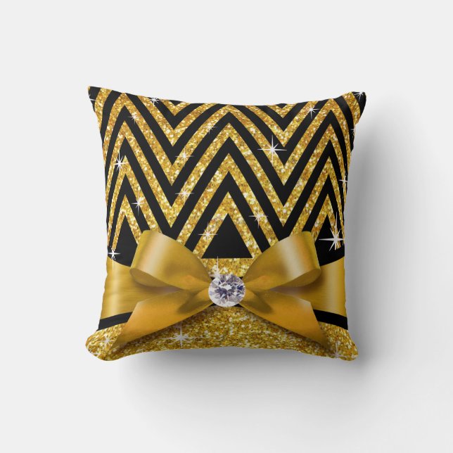 Glitter Chevron Bling Diamond Bow | gold Throw Pillow (Front)