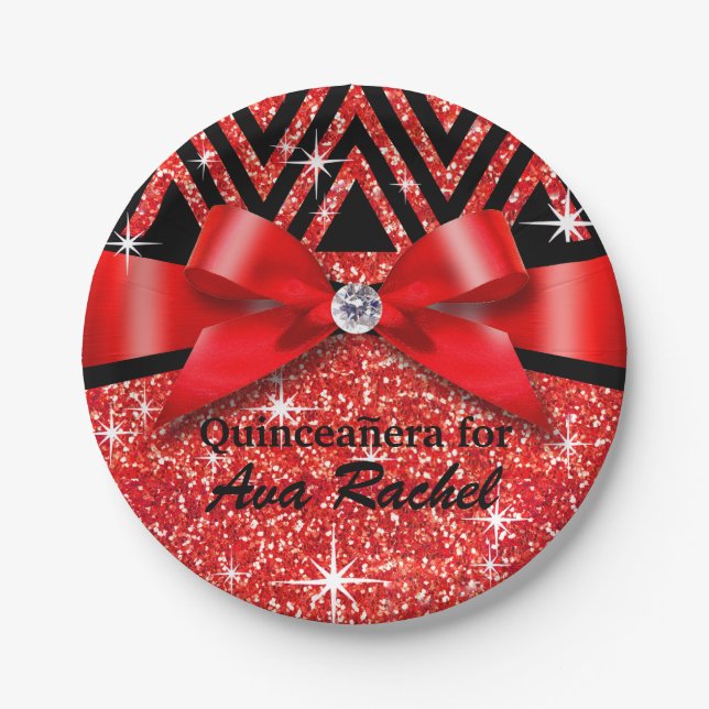 Glitter Chevron Bling Diamond Bow | red Paper Plates (Front)