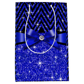 Glitter Chevron Bling Diamond Bow | sapphire Medium Gift Bag