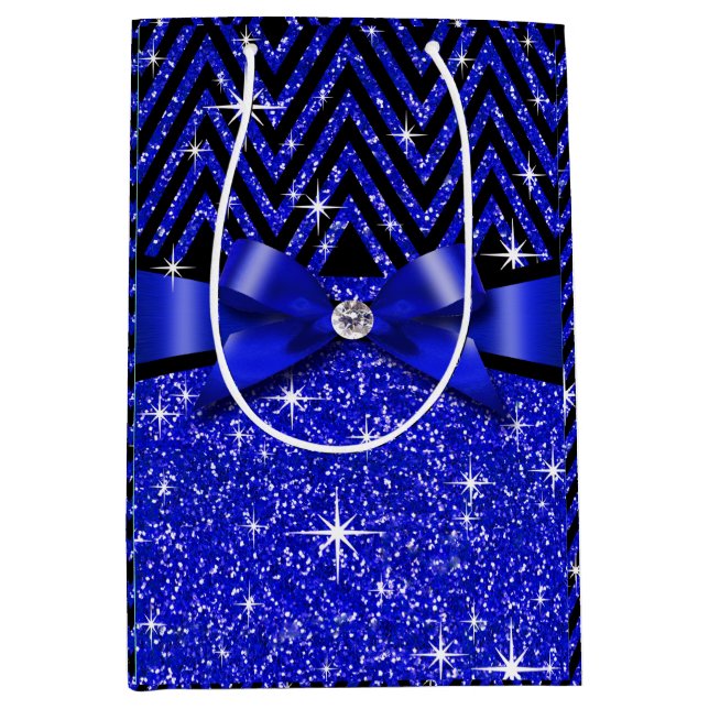 Glitter Chevron Bling Diamond Bow | sapphire Medium Gift Bag (Front)