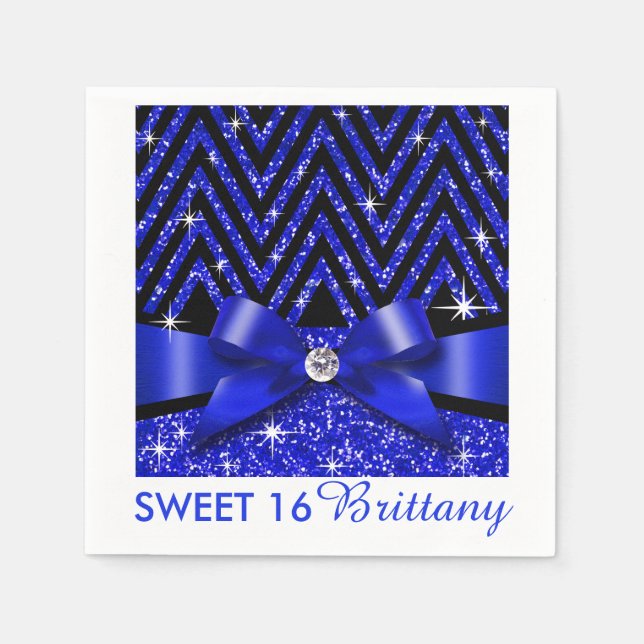 Glitter Chevron Bling Diamond Bow | sapphire Paper Napkins (Front)